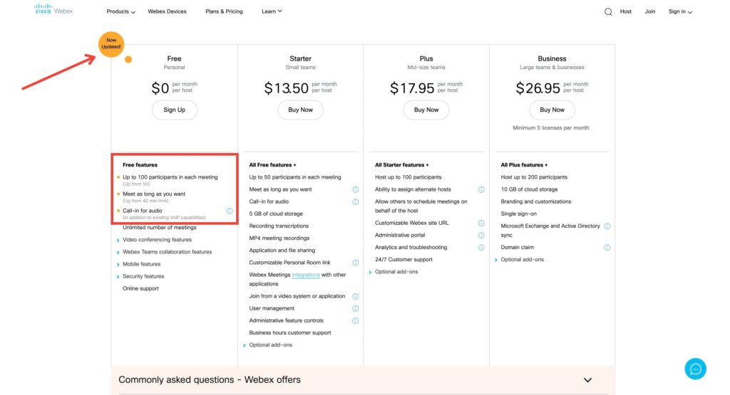 Screenshot of Cisco Webex Plans and Pricing CoronaVirus Zoom Alternative List