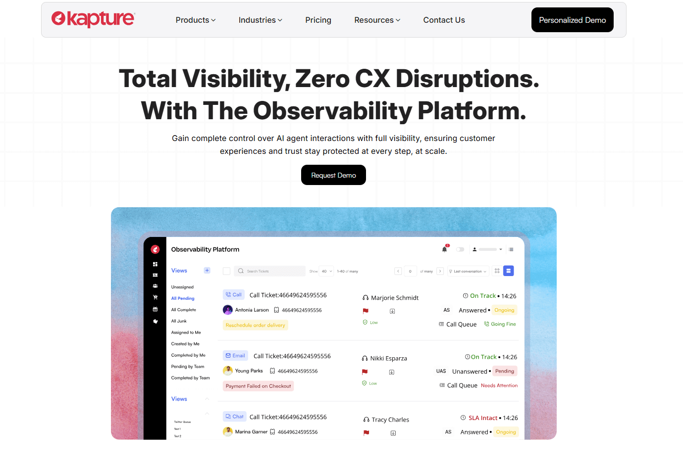 Kapture CX Observability Platform homepage