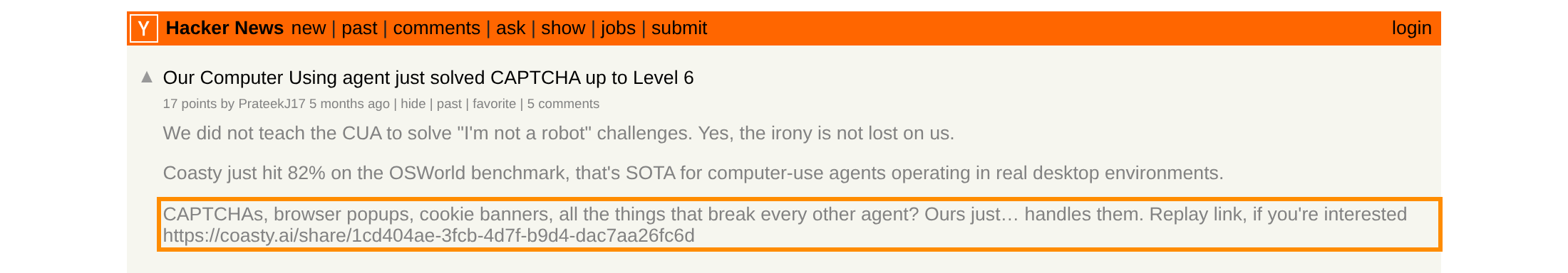 Hacker News CAPTCHA thread, vendor claim marked