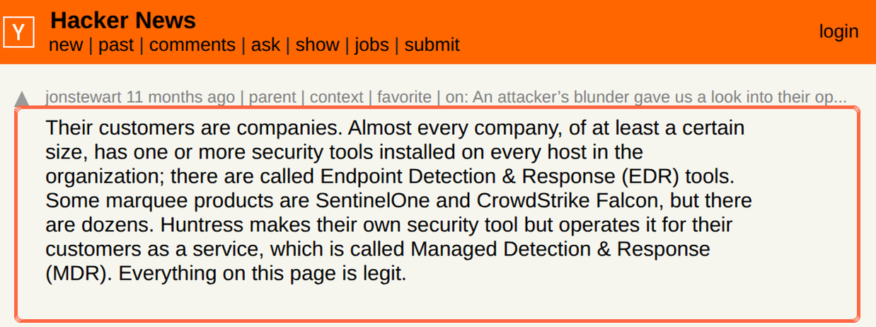 Marked Hacker News comment comparing EDR and MDR
