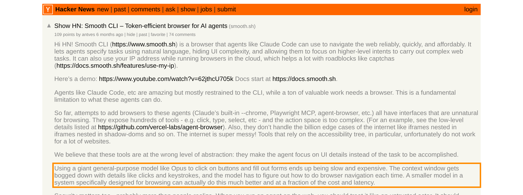 Hacker News Show HN Smooth CLI, Opus quote marked